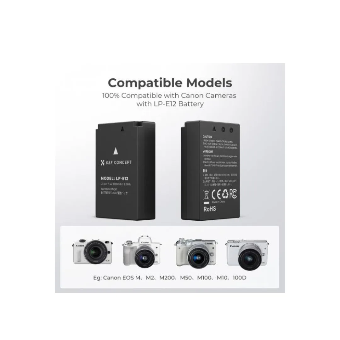 K&F Concept 2-Pack LP-E12 Battery 1100mAh + Dual Slot Charger for Canon EOS M50 M100 M200 M10 M2 100D - Image 2
