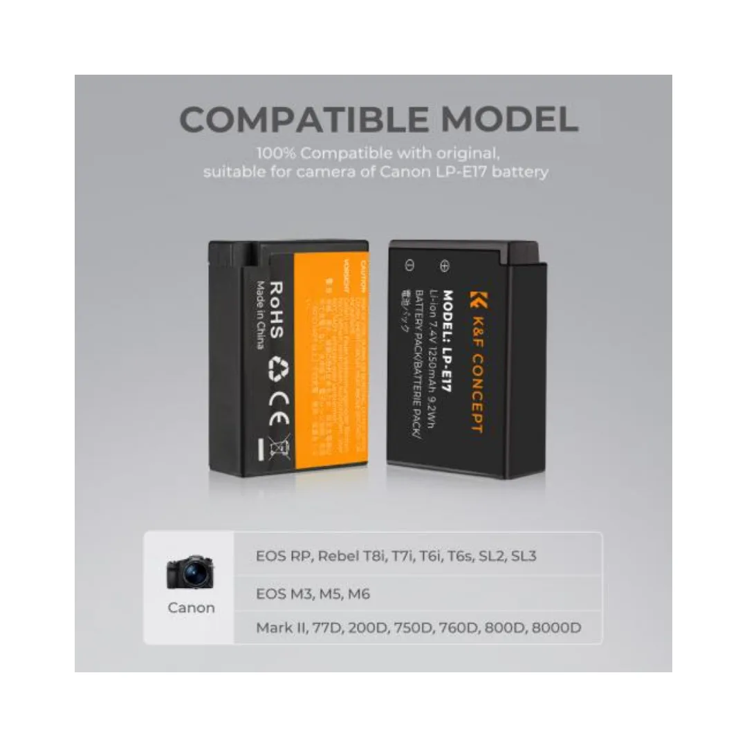 K&F Concept Battery Charger Baterai Kamera Canon LP-E17 EOS R EOS M 2 Pack 1250 mAh - Image 6
